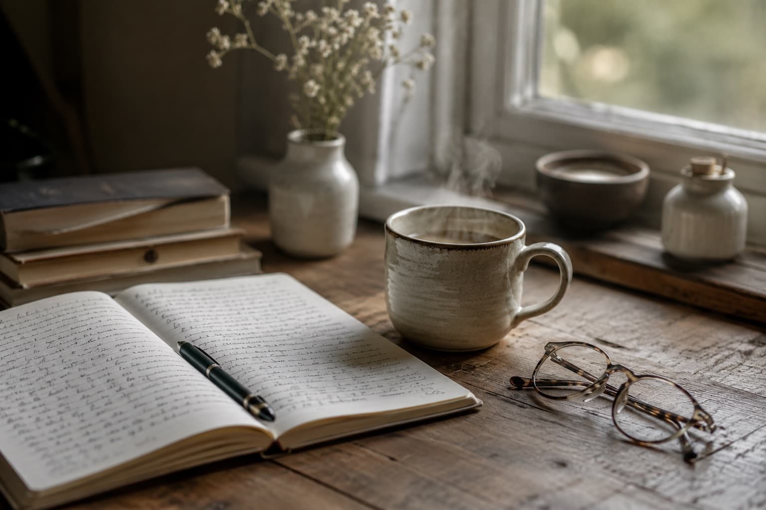An open journal, pen and warm tea beside a window