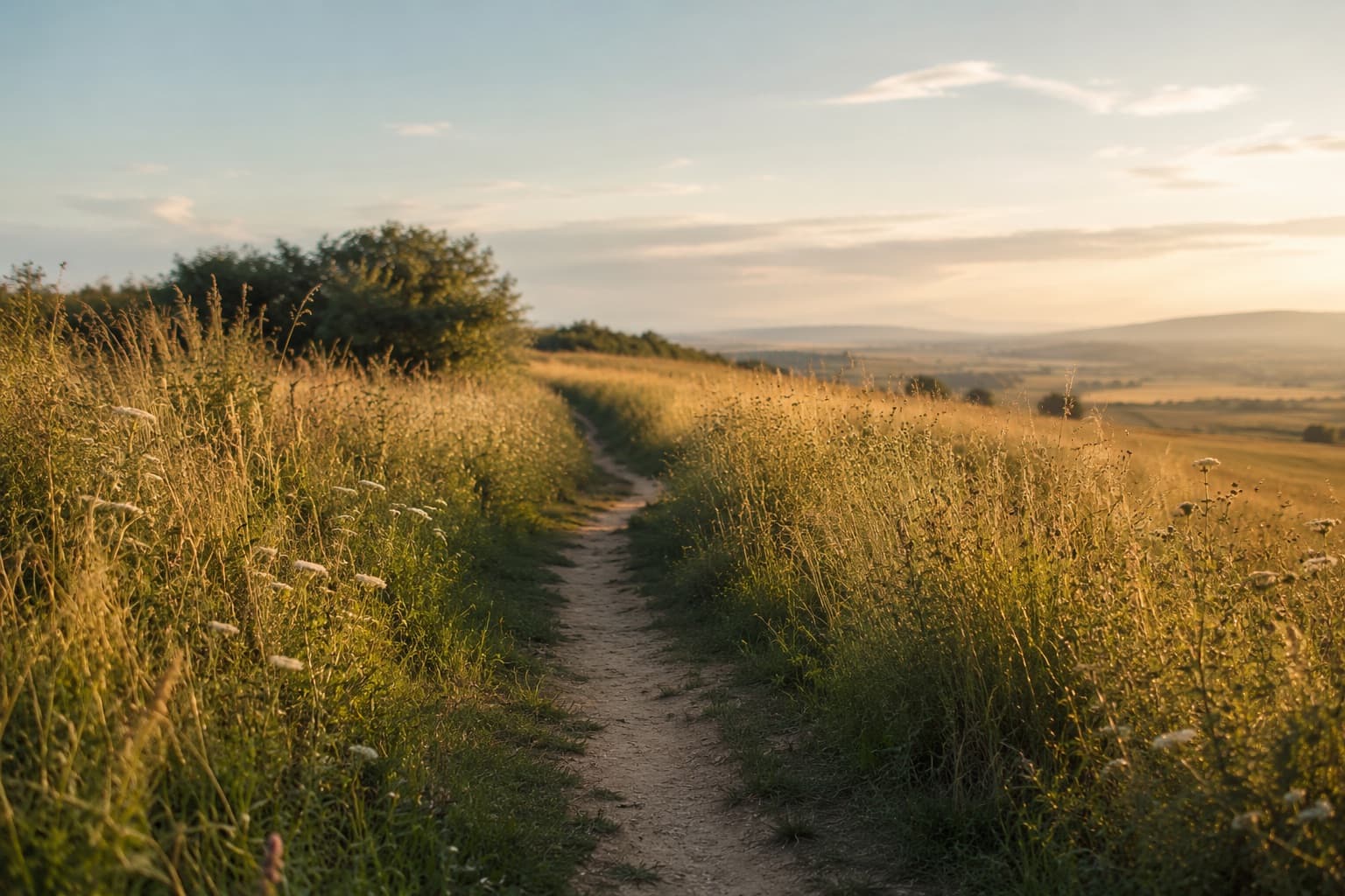 A sunlit path crossing open British countryside