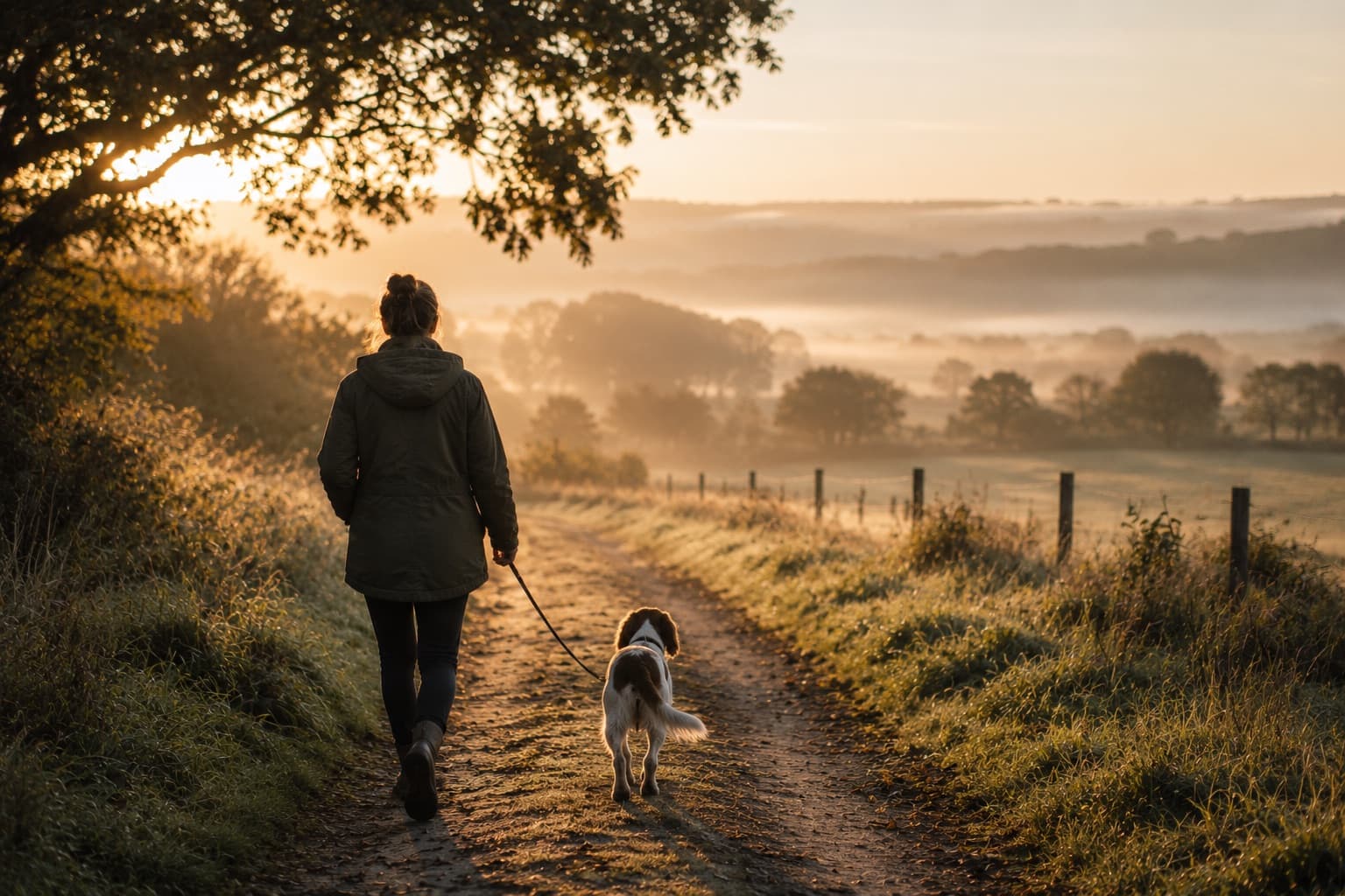 A person walking a dog through open countryside
