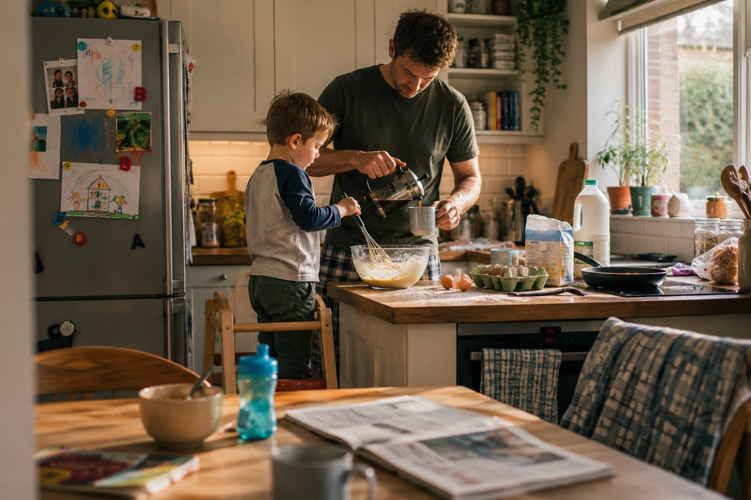 A father and son spending time together in a kitchen