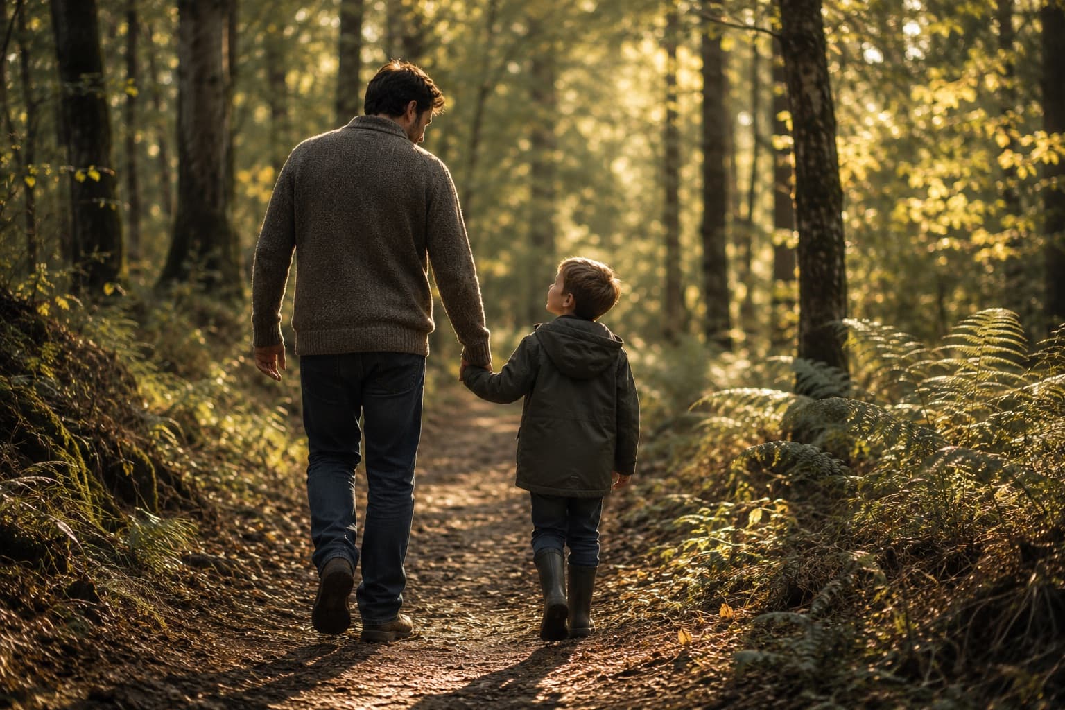 A father and son walking together through woodland