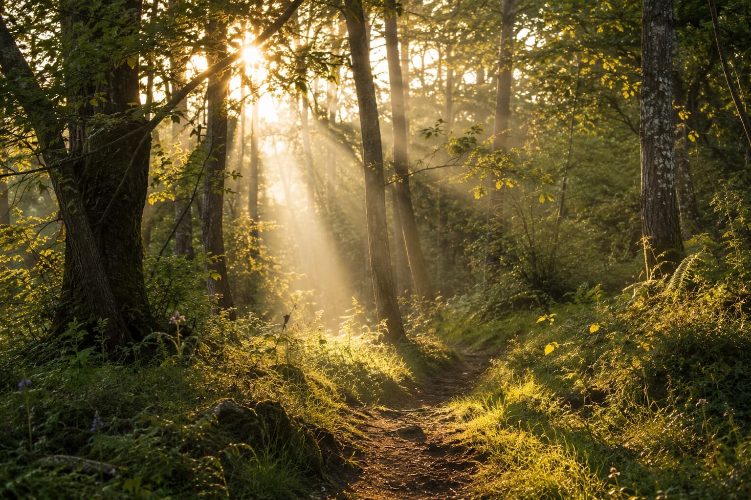 A quiet path leading through a green forest