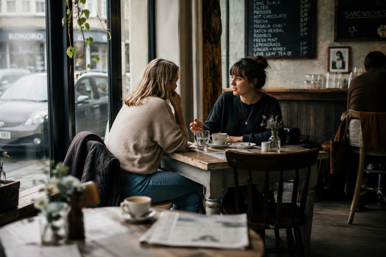 Friends sharing a supportive conversation in a quiet café