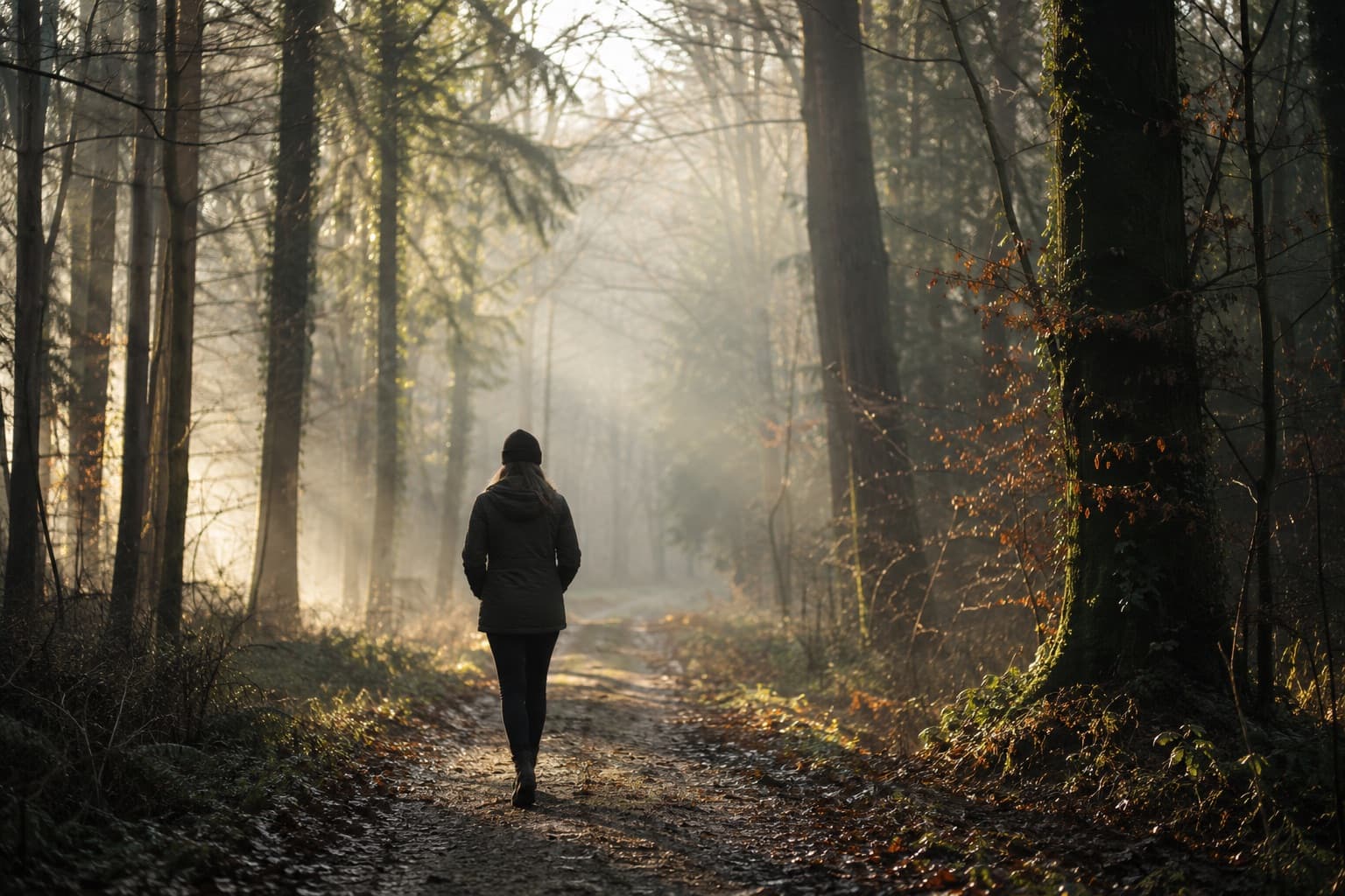 A person walking along a quiet woodland path in morning light