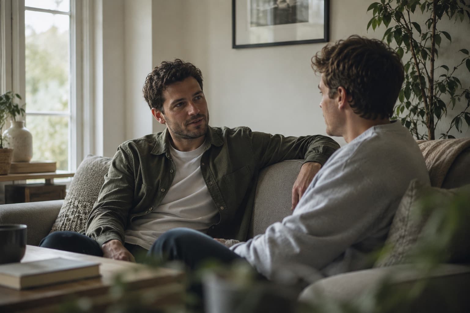 Two people having an open conversation at home