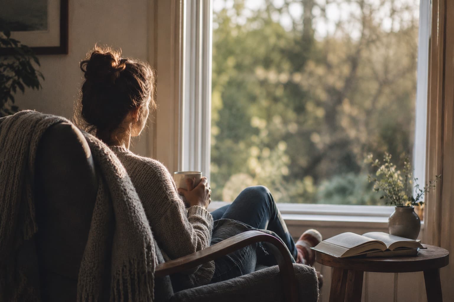 A woman sitting quietly by a window with a warm drink