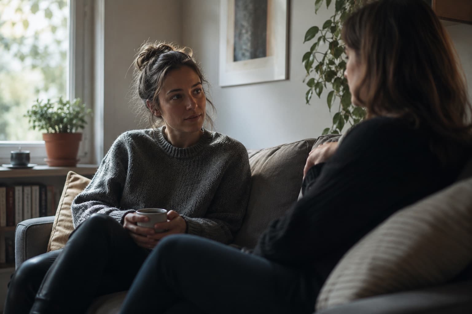 Two people talking over tea in a comfortable room