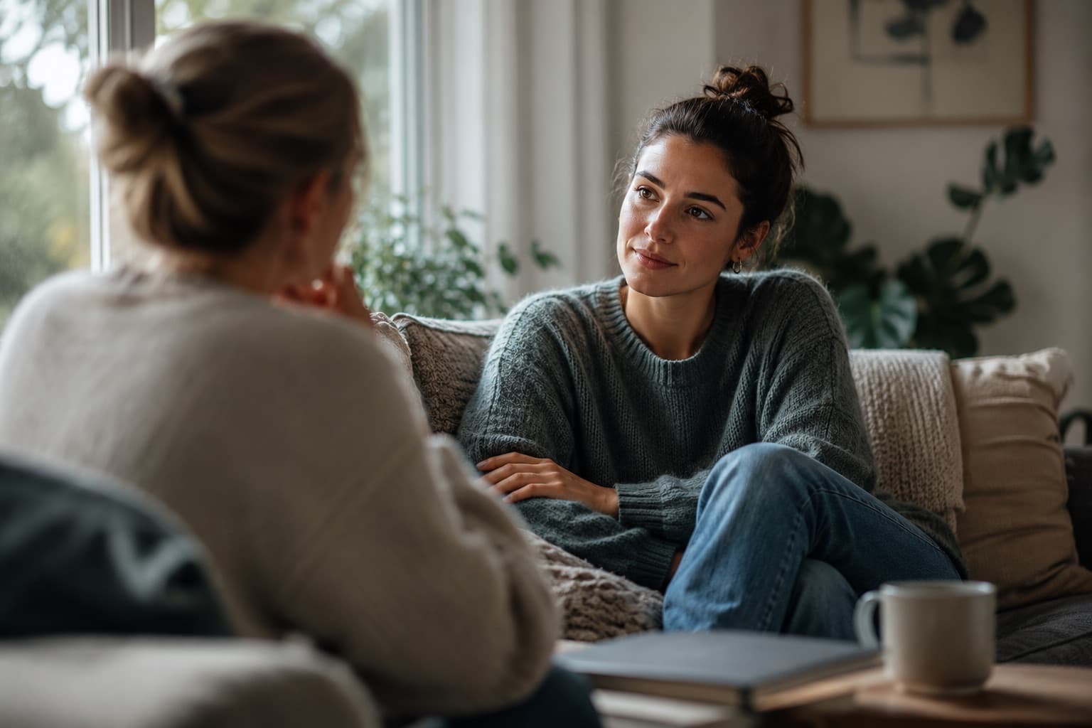 Two women in a calm, attentive recovery conversation