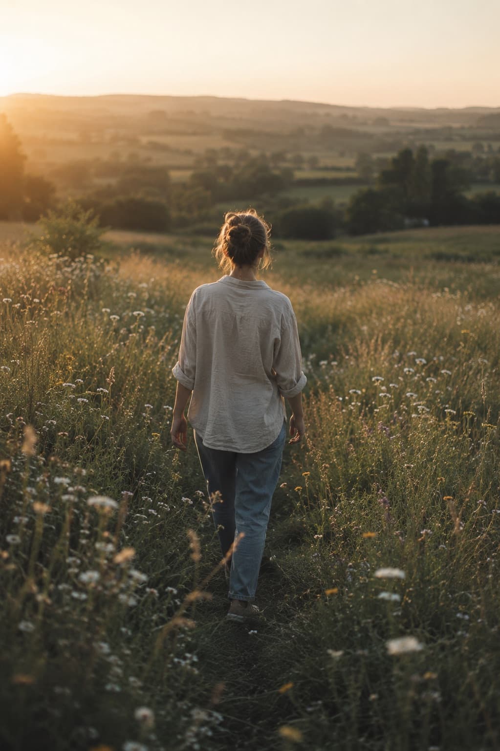 A woman walking alone through a meadow in evening light
