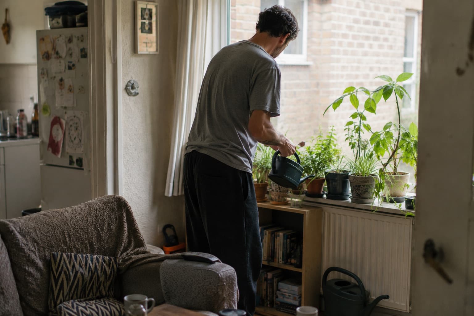 A person tending houseplants as part of an everyday routine