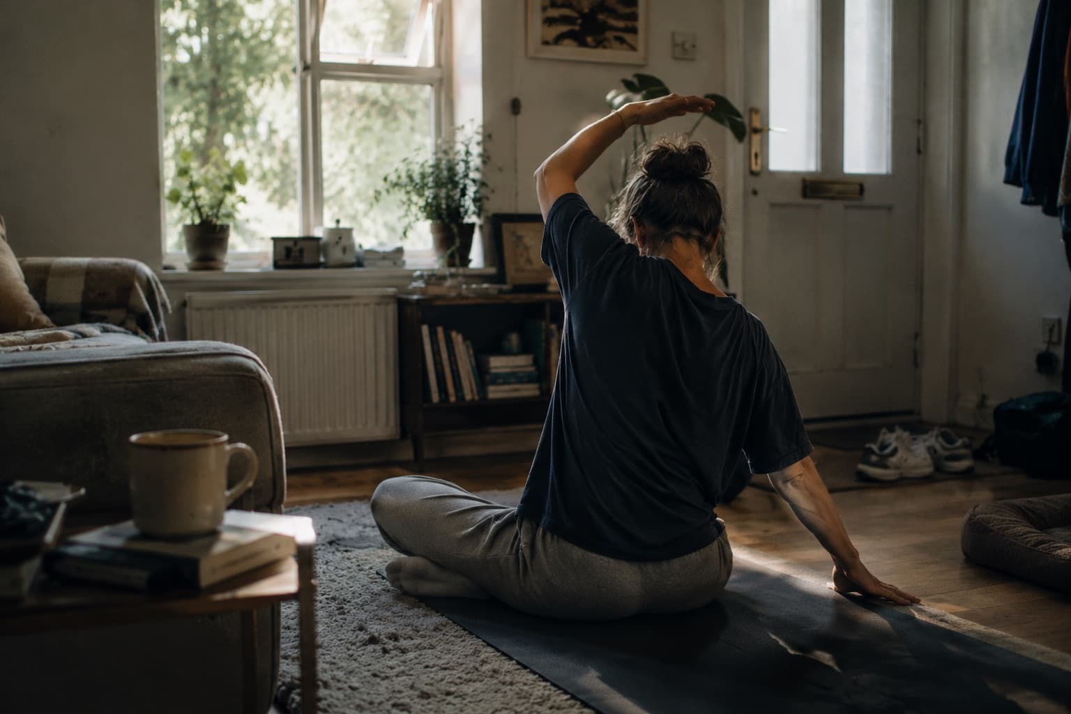 A woman practising a gentle stretch at home